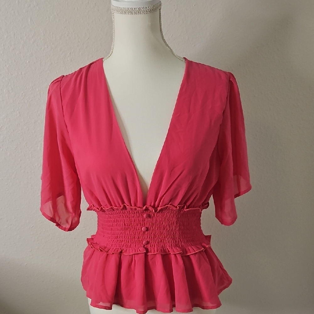 Kabina Hot Pink Blouse with Ruched Waist.